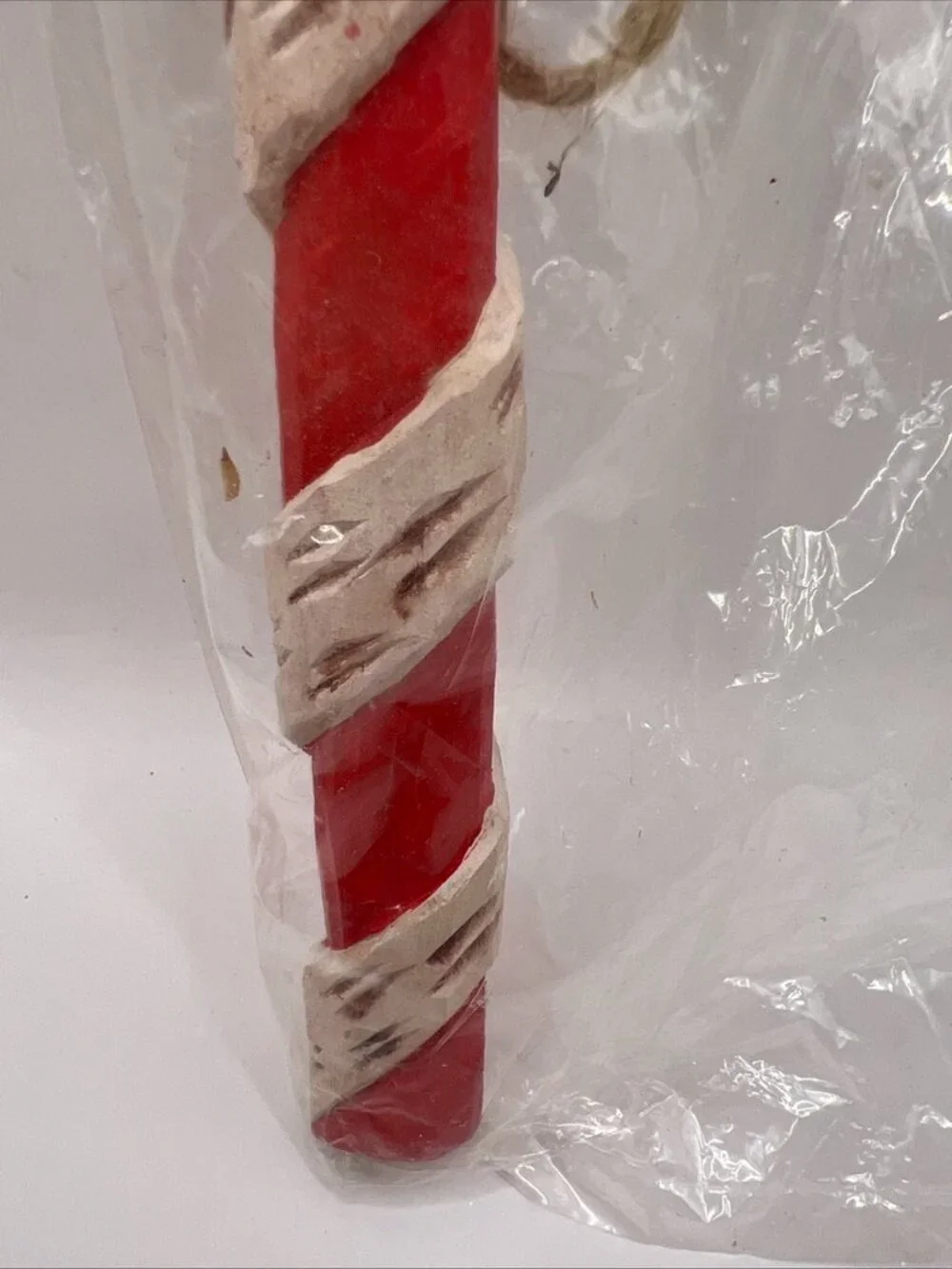 New Vtg Candy Cane Santa Face Ornament Wood Carved 7” Long In Pkg